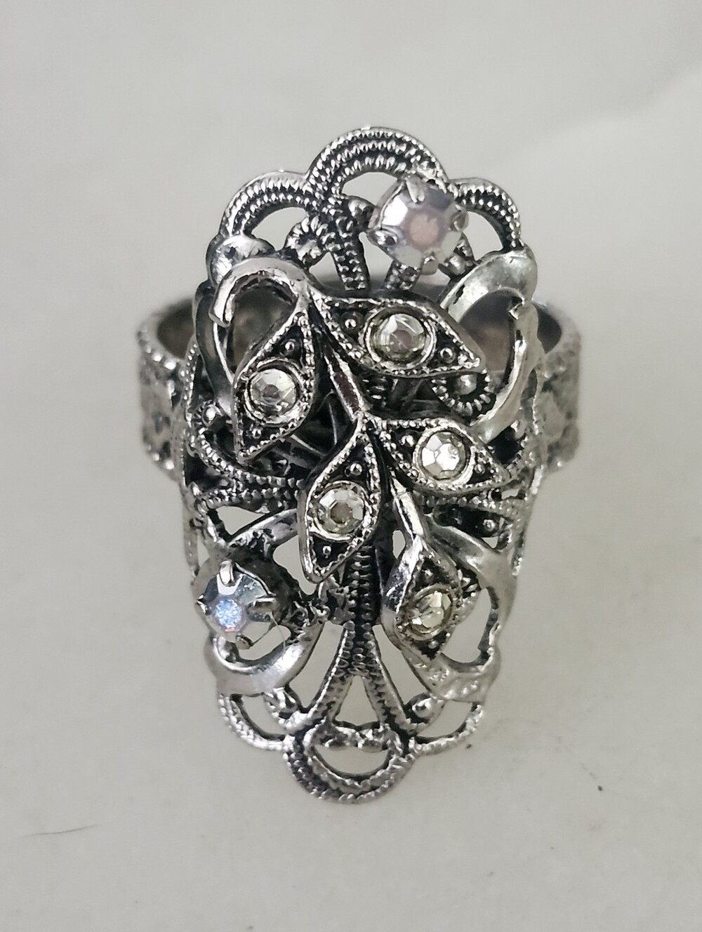 Vintage W. Germany Silver Tone Filigree Crystal Statement Ring - Size 7